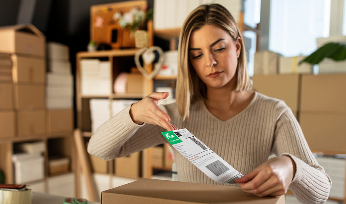 Woman putting delivery label on her post