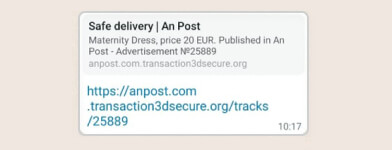 A screenshot of a Whatsapp reseller sending a scam link to a fake an post site.